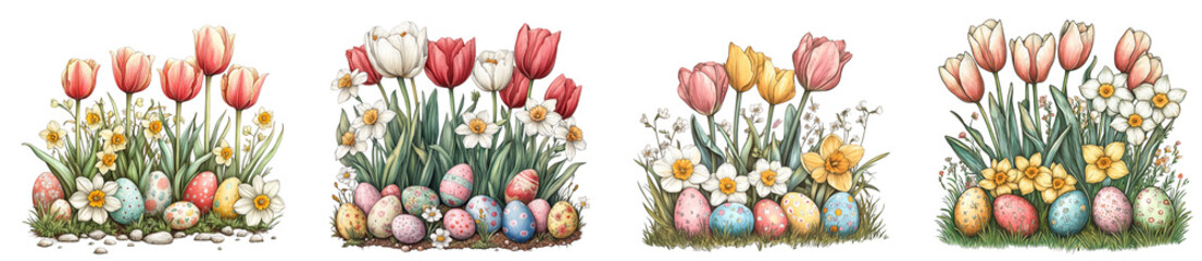 Colorful spring flowers and decorative Easter eggs vibrant floral composition