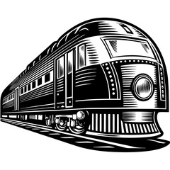 Art Deco Train on white background, sketch engraving illustration. Scratch board imitation. Black and white image.
