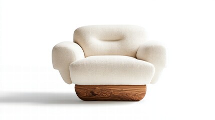 An artfully designed beige armchair with a deep seat cushion, an exposed wooden base with a natural grain finish, and a sleek yet inviting form, styled elegantly against a white setting