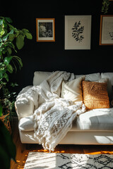 Stylish modern living room interior pictures frames on black wall above a sofa. Cozy living room arrangement with sitting area, soft blankets, colorful pillows and house plants.