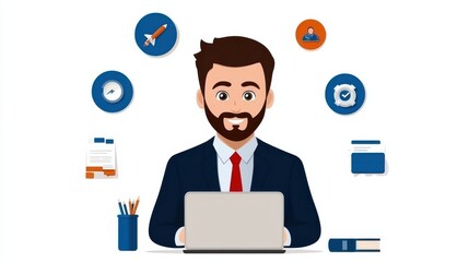 Fototapeta premium Focused Businessman Working Efficiently on Laptop at Desk with Surrounding Business and Technology Icons Representing Corporate Work Productivity and Success