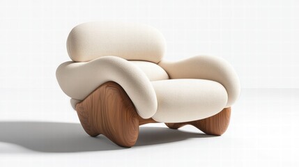 A sculpted, modern beige armchair with a low-profile wooden base, ultra-soft cushioning, and elegant curvature, styled in a serene, minimalist setting