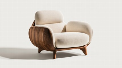 An inviting armchair with a rich walnut wooden base, smooth beige linen upholstery, and clean, flowing lines, designed to convey modern luxury in a minimalist scene