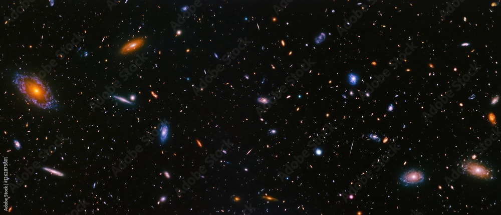 Poster a vast view of numerous galaxies and cosmic structures in deep space.