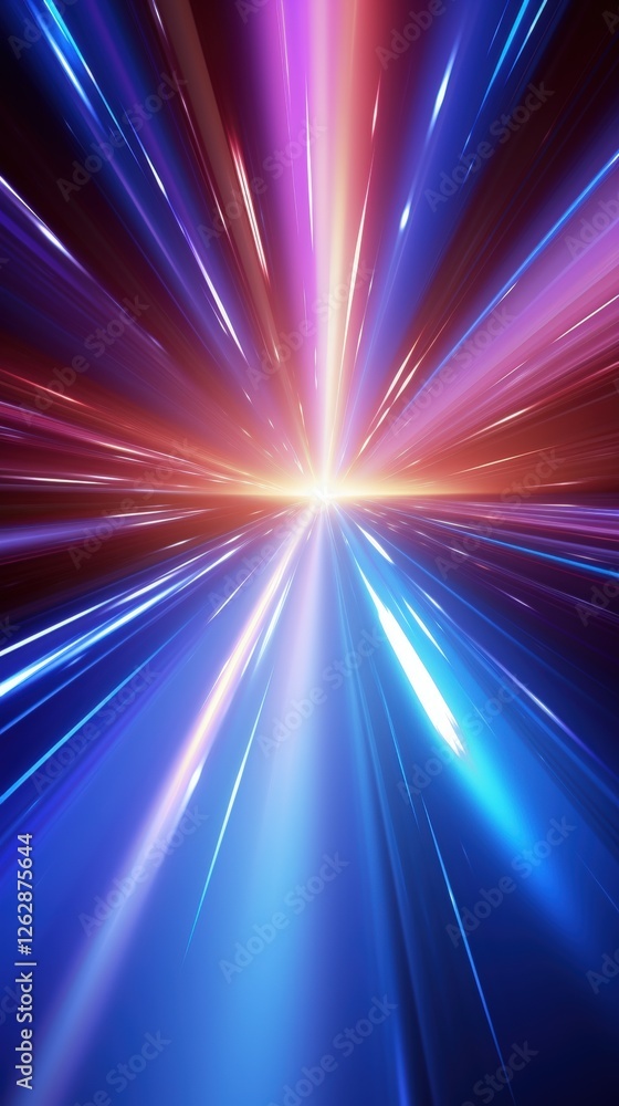 Poster a vibrant display of light rays converging towards a central point, showcasing a dynamic interplay o