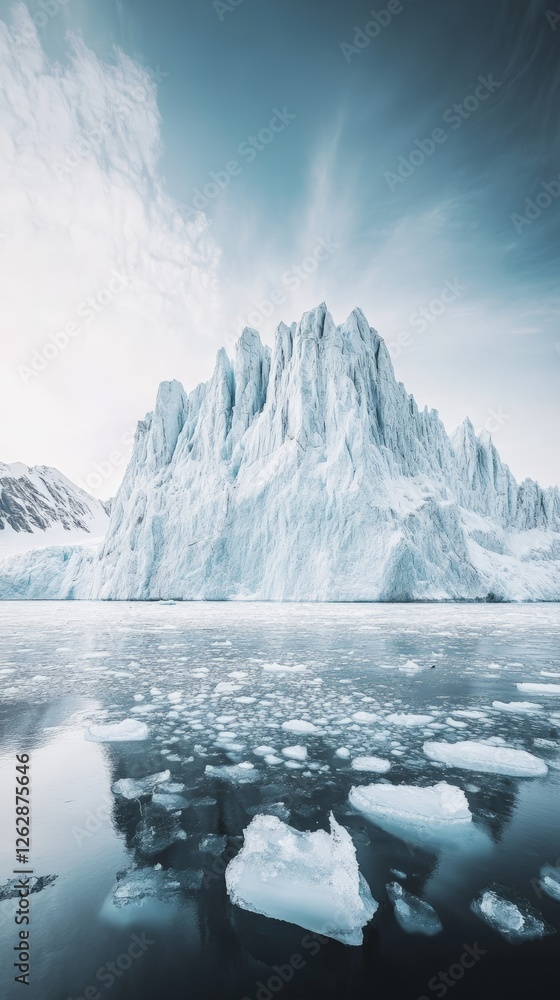 Aufkleber iceberg reflecting on the arctic sea with ice floes and a cloudy sky creating a beautiful landscape 
