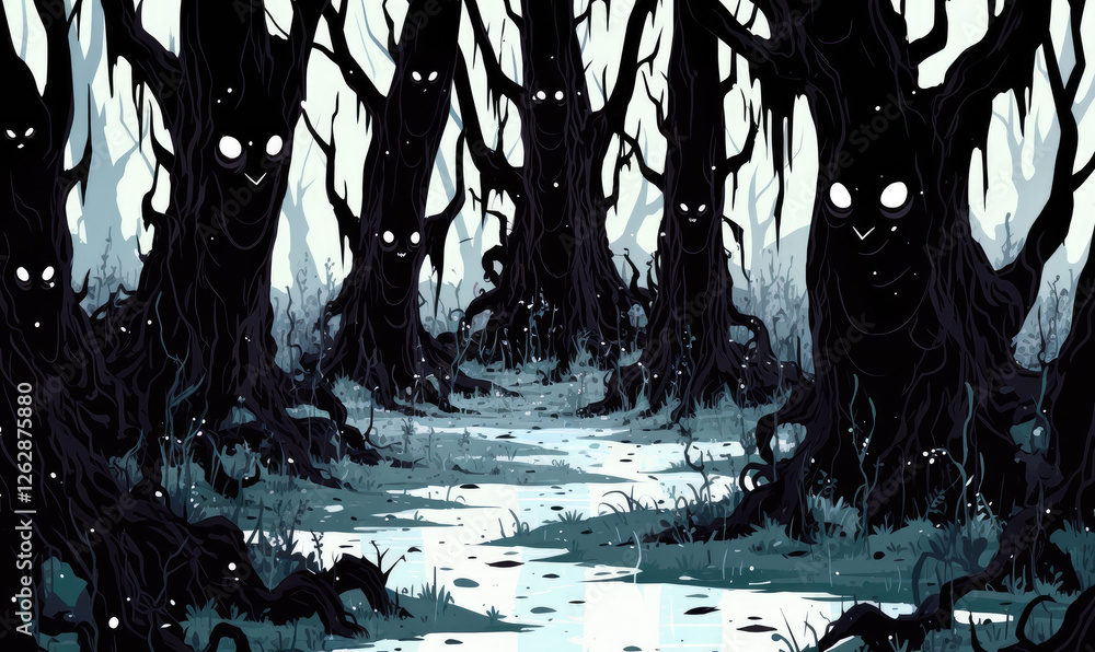 Poster mysterious forest with dark, twisted trees featuring glowing eyes and eerie expressions, creating ha
