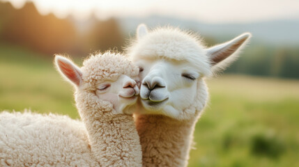 Obraz premium A mother alpaca nuzzles her baby in a lush green field during golden hour.