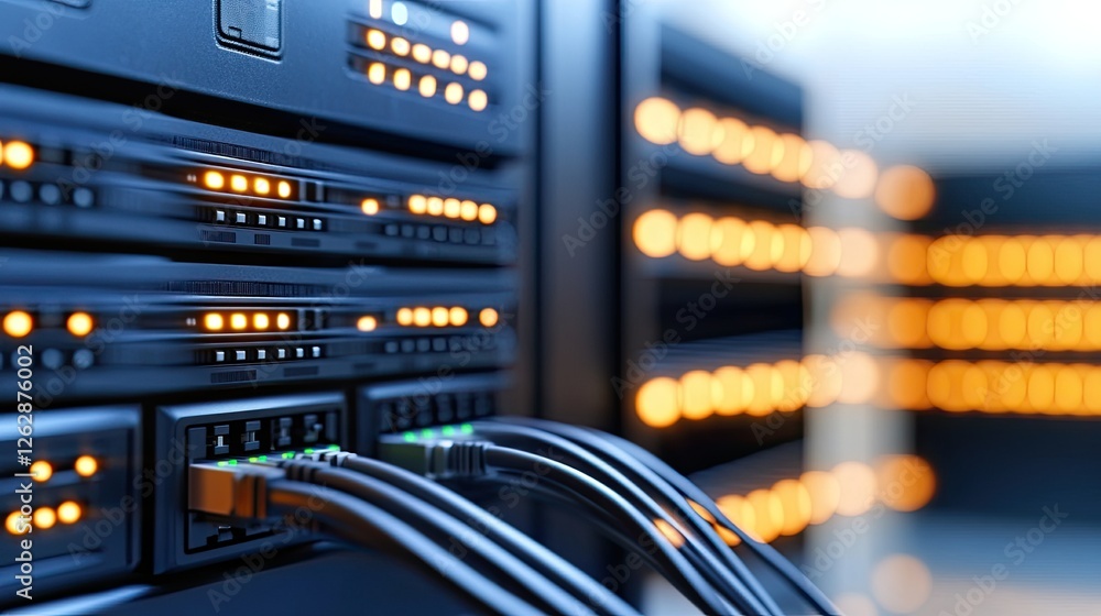 Poster close-up of a network switch with white cables in a data center, blue light, and blurred figures in 