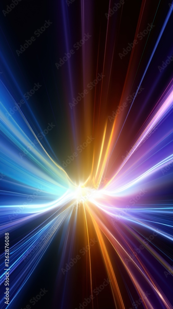 Poster a vibrant burst of light rays in various colors, creating an energetic and dynamic visual effect aga