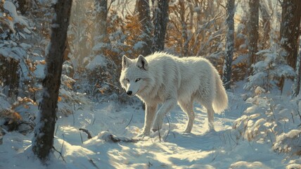 Fototapeta premium Majestic Arctic Wolf in a Sunlit Winter Forest