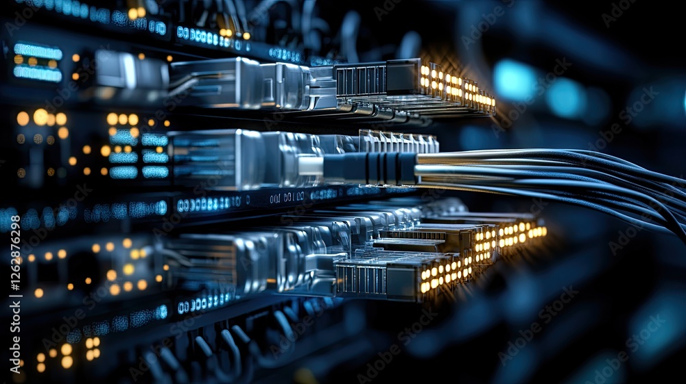 Poster close-up of a network switch with white cables in a data center, blue light, and blurred figures in 