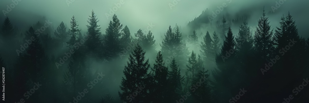 Poster a serene forest shrouded in mist, featuring tall evergreen trees and a mysterious atmosphere, creati