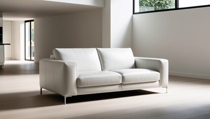 White Leather Minimalist Sofa in a Bright Open Space
