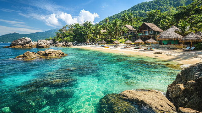A dream summer vacation destination, a picturesque beach resort with villas, clear waters, and beach umbrellas