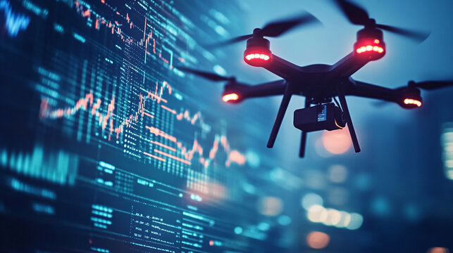 A drone delivery service optimized for supply chain finance, with blockchain tracking the journey of packages in real-time, and financial charts projected on the drones’ surfaces.