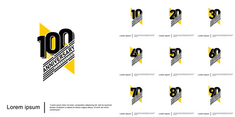 Set of 10-100th years anniversary celebration emblem. anniversary logo isolated with geometric badge on white background. vector illustration template design for web, flyers, poster, greeting card