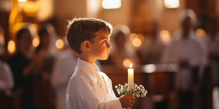 Little child wearing white traditional gown receiving their first holy communion. Religious kid holding Christening candle. Traditions in catholic church.