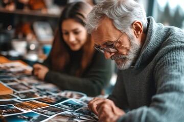 Senior photographer reviewing photos with female colleague in studio