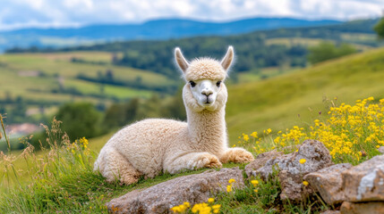 Fototapeta premium Cute alpaca resting in a lush green landscape with flowers and mountains in the background.