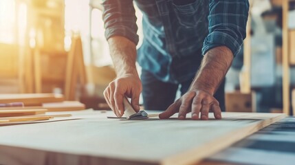 Fototapeta premium Man working on model of building. Wood man preparing furniture for business. A carpenter adjusts the size of the project to the architect. A person constructing a scale model lifestyle of a building.