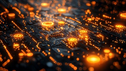 Naklejka premium Abstract circuit board, glowing lights, high-tech background, possible use for tech, innovation