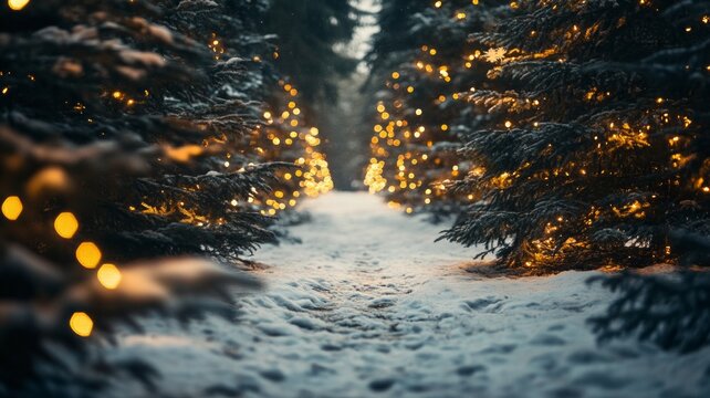 Enchanted Winter Path: Glowing Lights and Snowy Trees