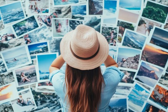 Woman photographer reviewing travel photo prints on floor