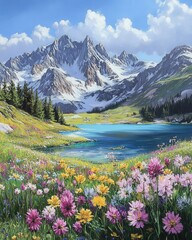 sparkling mountain lake lies at the base of snow-laden peaks, surrounded by alpine meadows alive with the colors of wildflowers