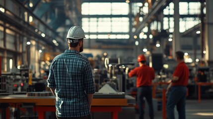 Man in factory. Engineer and team of engineers at a factory. A teamwork of technicians and inspectors in the industry. A man working in a manufacturing facility lifestyle.