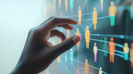 Hand Interacting with a Digital Network of People Representing Social Connections, Global