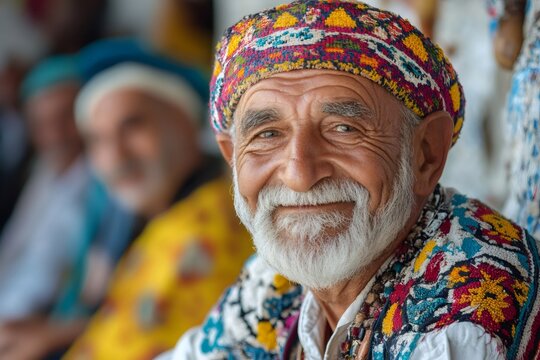 Smiling senior kurdish man wearing traditional clothing and hat posing at event
