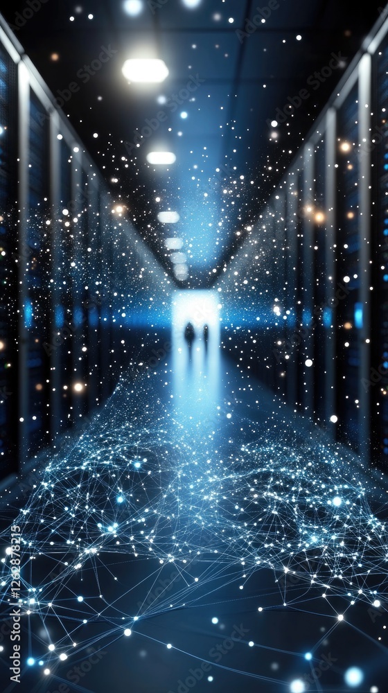 Poster close-up of a network switch with white cables in a data center, blue light, and blurred figures in 