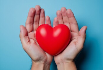 Fototapeta premium Close-up of hands holding a smooth red heart-shaped object against a bright blue background, symbolizing love, care, and health