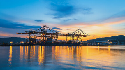 Fototapeta premium Container truck in ship port for business Logistics and transportation of Container Cargo ship and Cargo plane with working crane bridge in shipyard at sunrise, logistic import export and transport