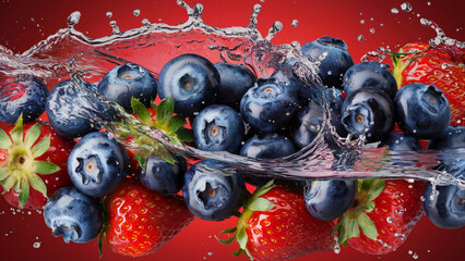 Energetic scene with strawberries and blueberries splashing among drops of crystal clear water, emphasizing their freshness and natural attractiveness