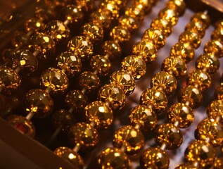 Close-up of shining golden beads arranged neatly in a box, showcasing luxury and elegance