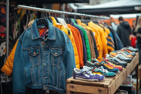 Denim jacket and colorful clothes hanging in a street market with sneakers on display
