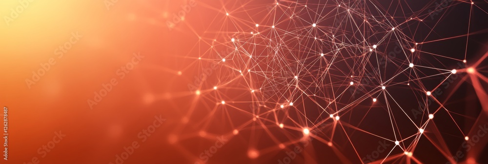 Poster abstract technology background with connected dots, lines, and triangles on orange gradient