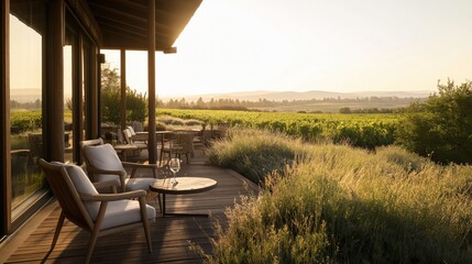 Fototapeta premium Golden Hour Vineyard Patio With Modern Minimalist Design
