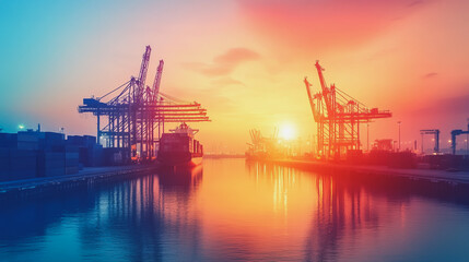 Fototapeta premium Container truck in ship port for business Logistics and transportation of Container Cargo ship and Cargo plane with working crane bridge in shipyard at sunrise, logistic import export and transport