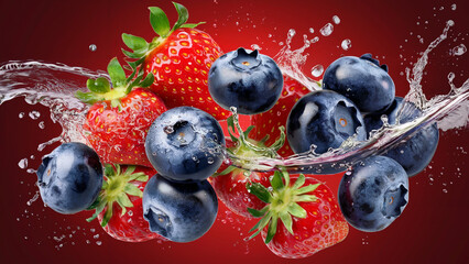 Fresh blueberries and strawberries splash in the water on a bright red background
