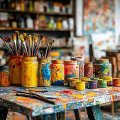 Colorful display of paint jars and brushes in a vibrant art studio filled with creative energy. Generative AI