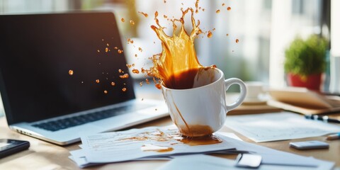 A coffee cup being accidentally knocked over on a desk