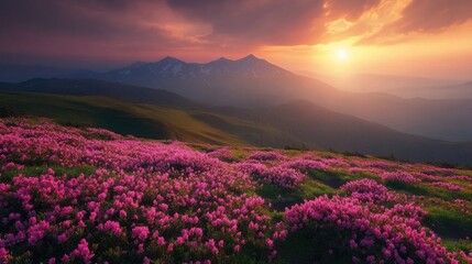 Obraz premium Enchanting Springtime in the Alps: Meadows Ablaze with Blooms Against a Mountainous Backdrop