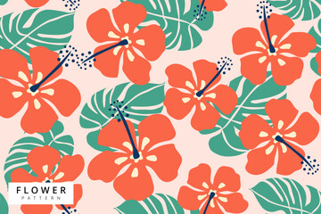 vector illustration of hibiscus seamless pattern design, tropical flower and summer season, background and wallpaper abstract design