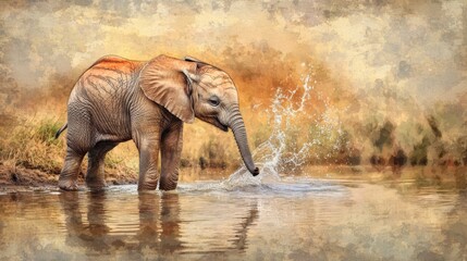 Fototapeta premium Young elephant splashing water joyfully in a serene river during a golden sunset