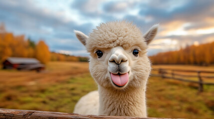 Fototapeta premium Cute alpaca with a playful expression in a picturesque autumn landscape.