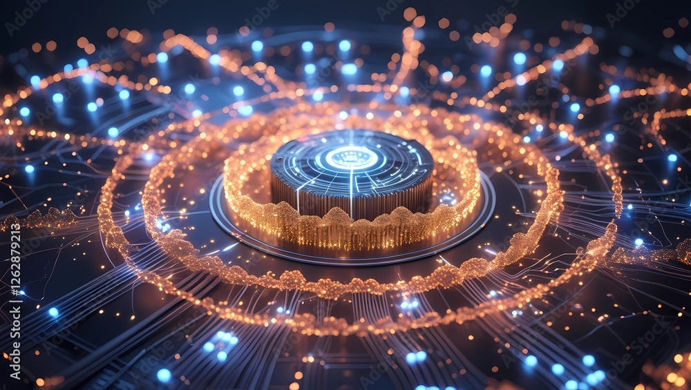 Poster dynamic visualization of glowing particles swirling around a central digital core, symbolizing cloud
