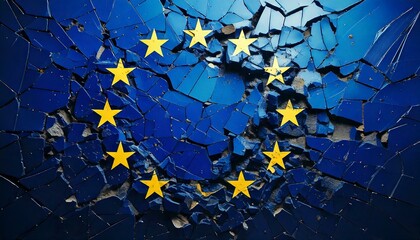 Conceptual image showing the flag of The European Union cracking and falling apart